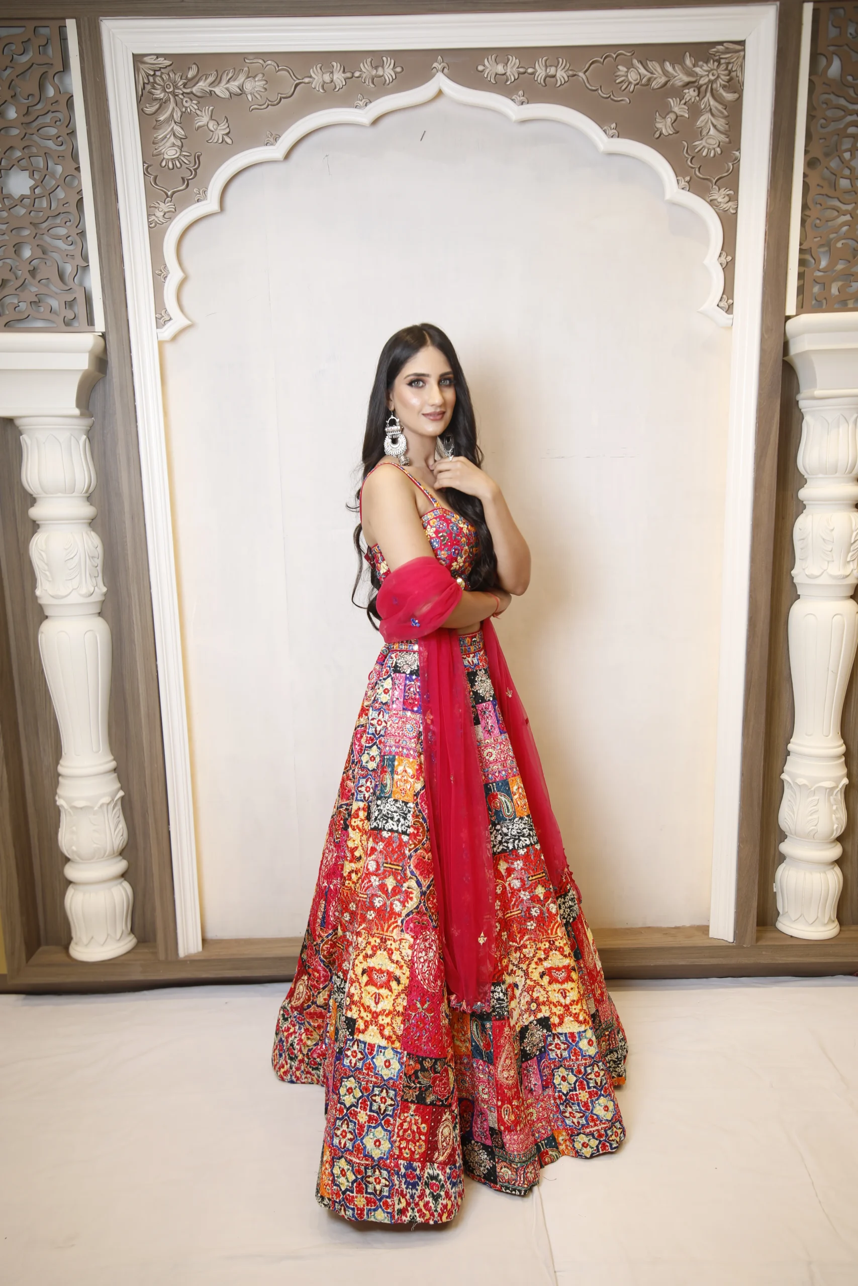 RP Dalmia red multicolour bridal lehenga