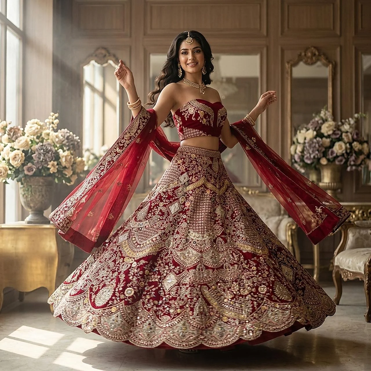 Bride in a red RP Dalmia bridal lehenga