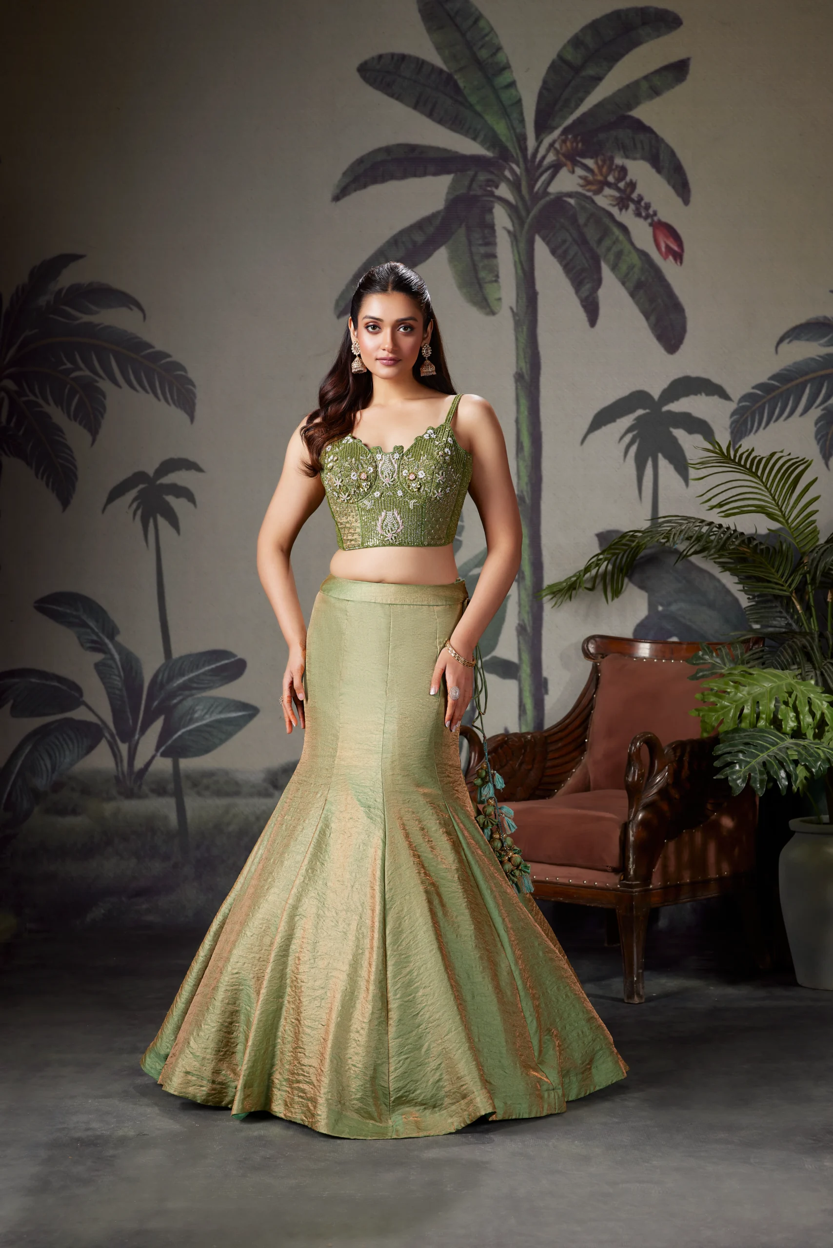 RP Dalmia sage green fishtail gown
