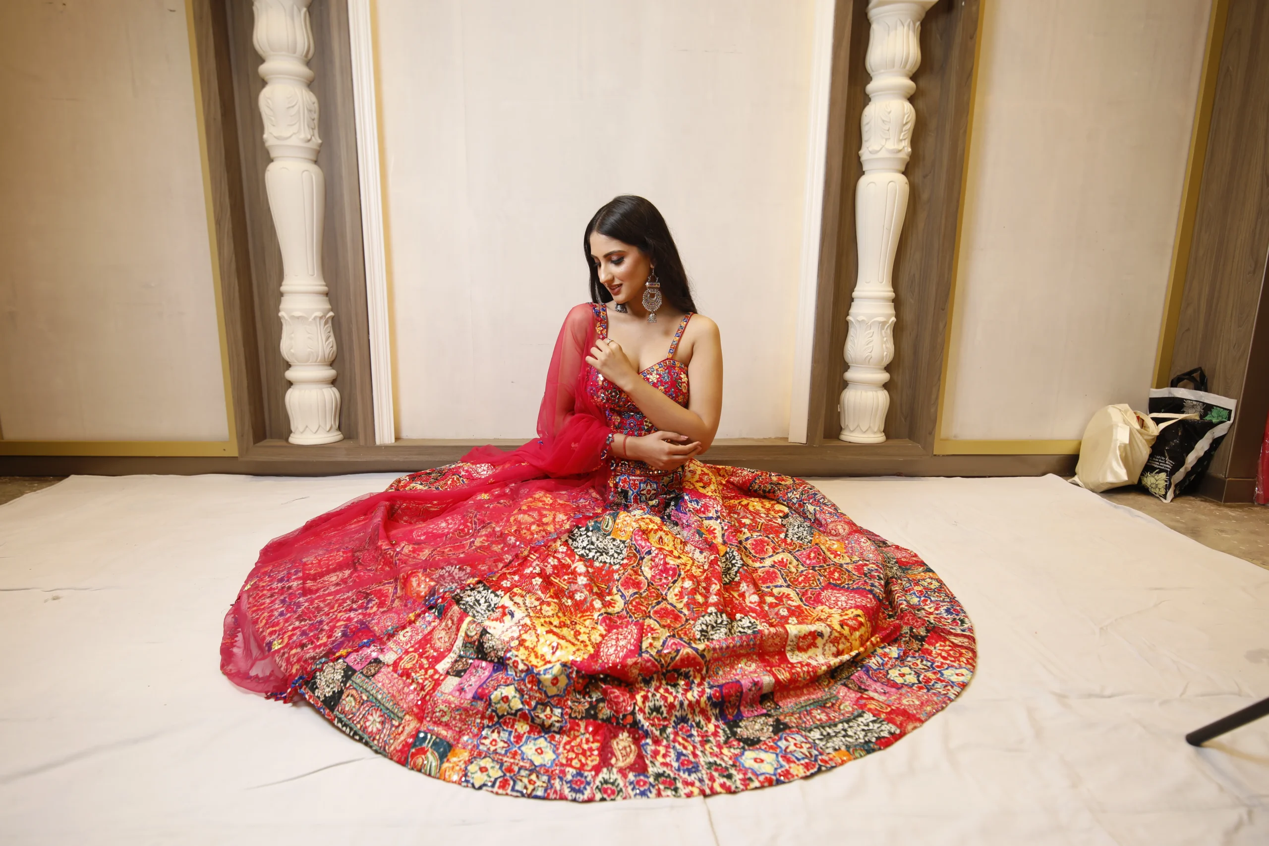 RP Dalmia red lehenga with a full flare