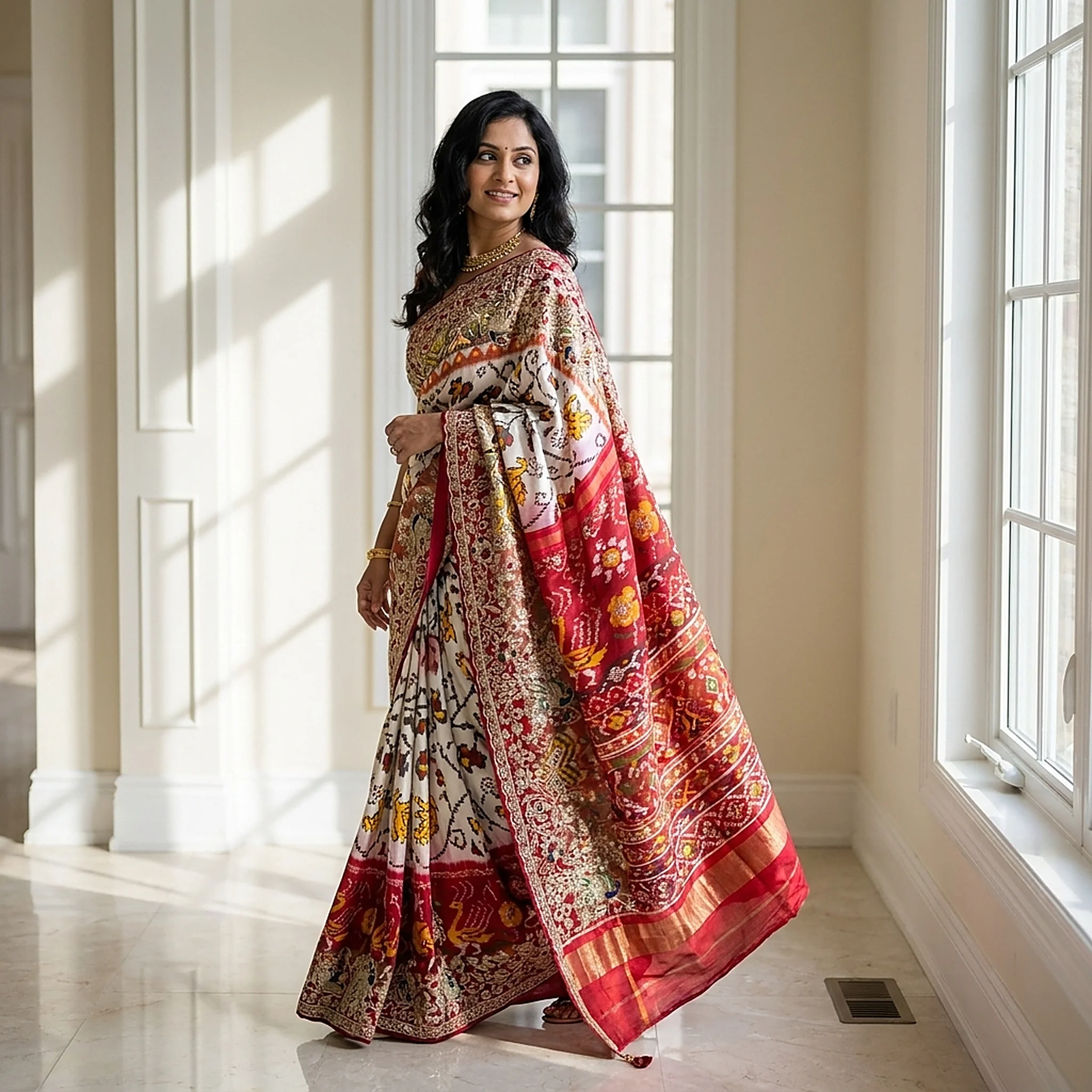 RP Dalmia printed red silk saree