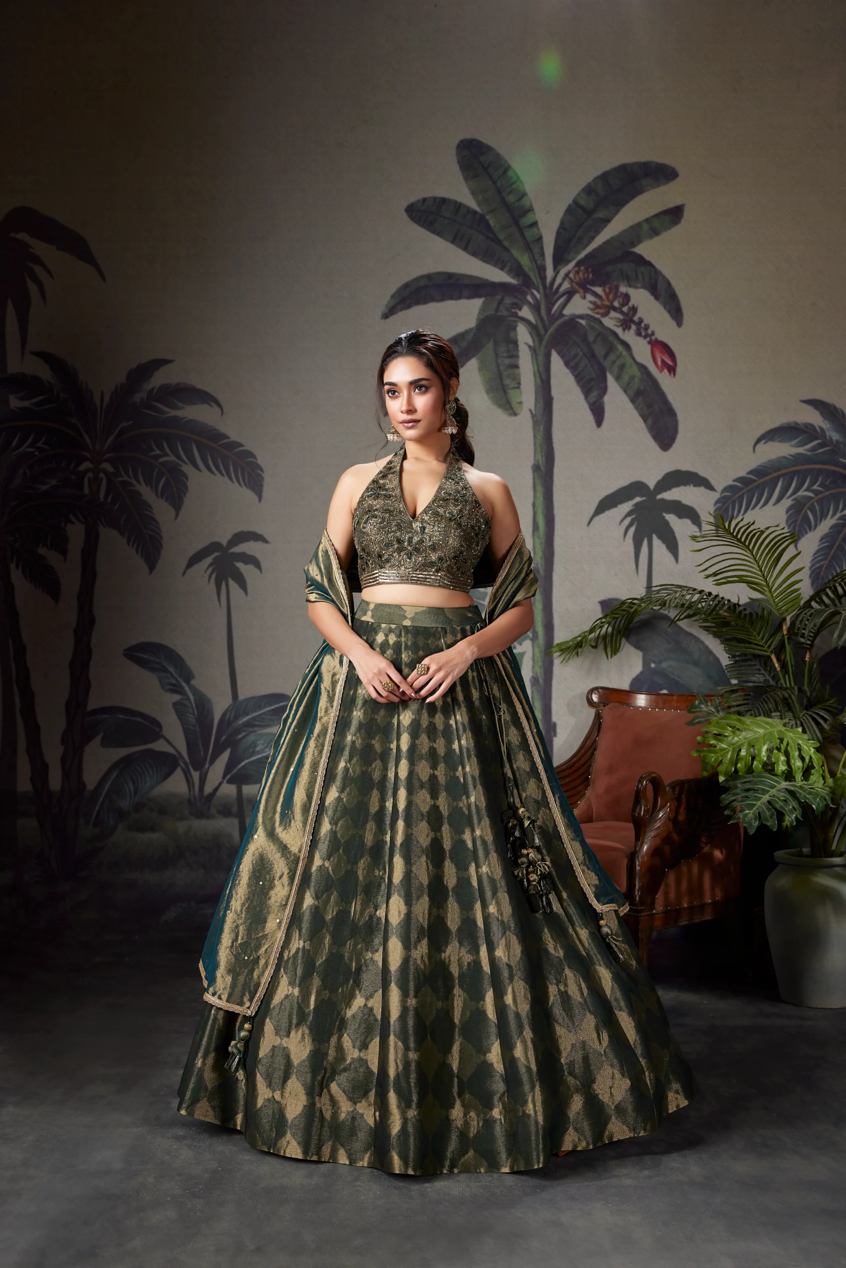 RP Dalmia green checked lehenga