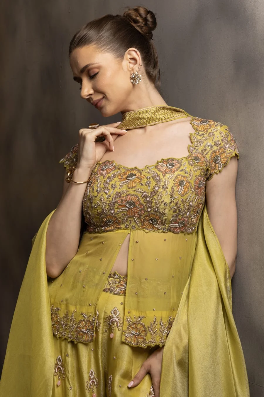 RP Dalmia olive and gold embroidered saree